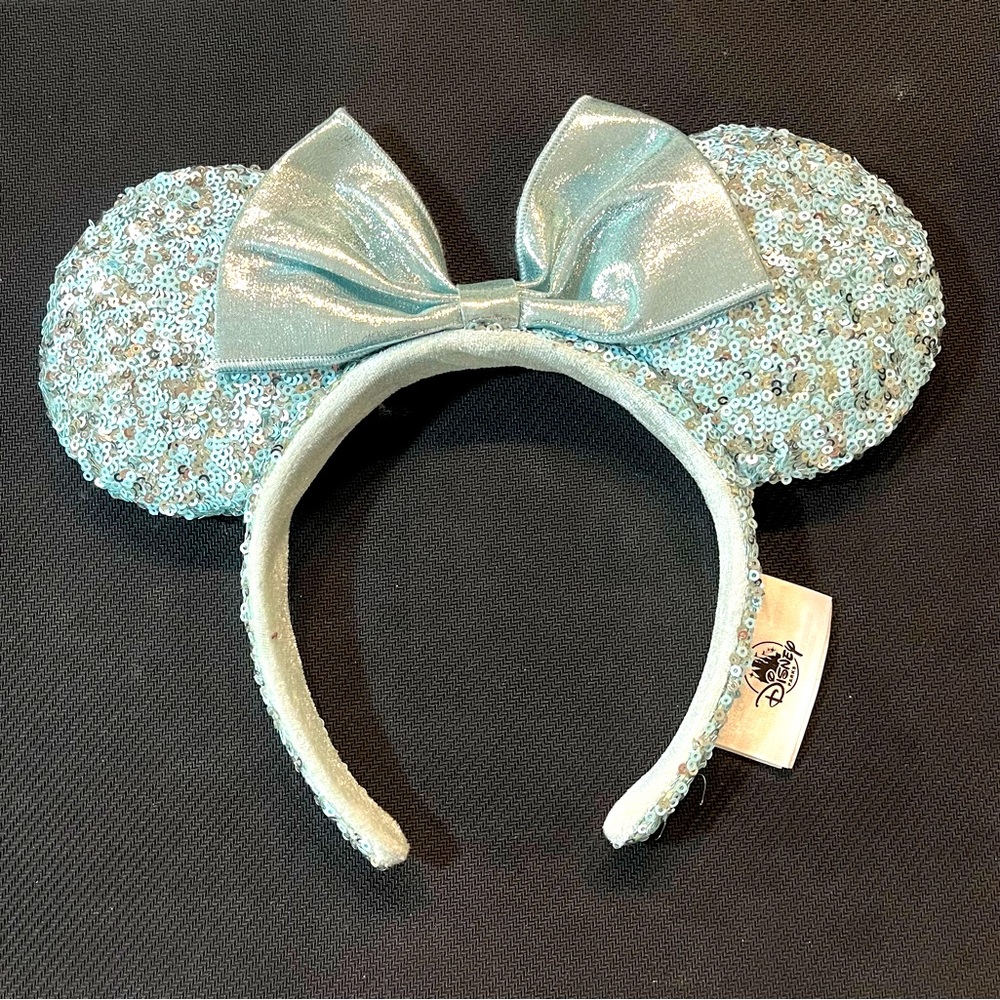 Disney Parks Light Blue Sequin Minnie Mouse Ears Headband Bow Adult OS Mickey